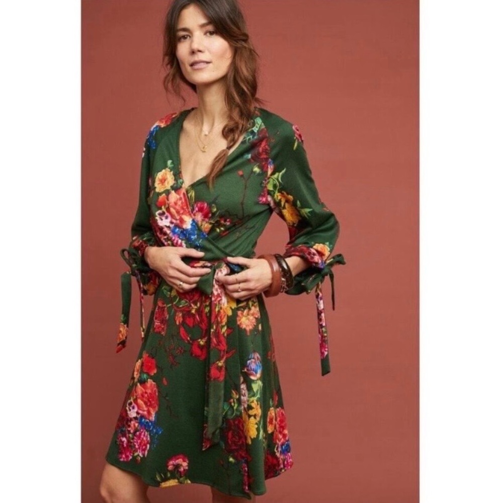 Anthropologie Eva Franco Dahlia Wrap Dress Green Floral Tie Waist NWT Size Large